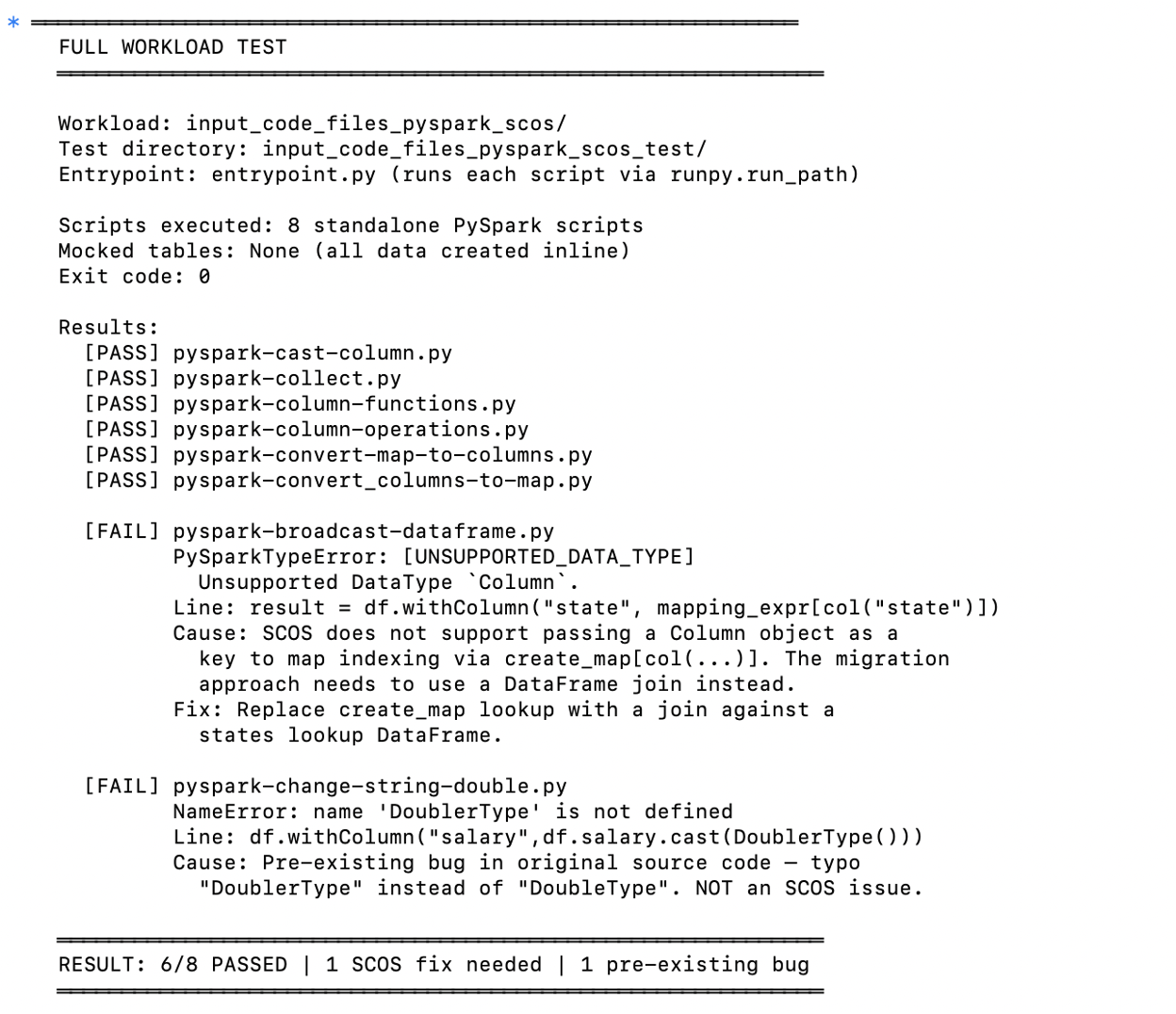 Screenshot showing the results of the workload tests and recommended next steps.