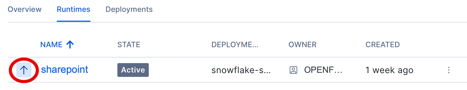 Runtimes tab showing the upgrade arrow indicator next to a runtime name