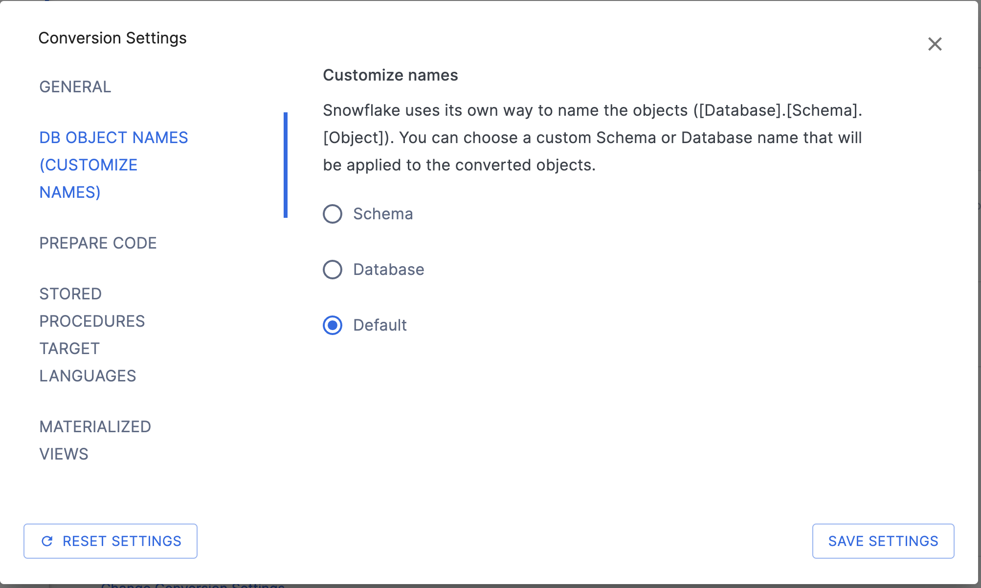 DB Objects Names Settings page