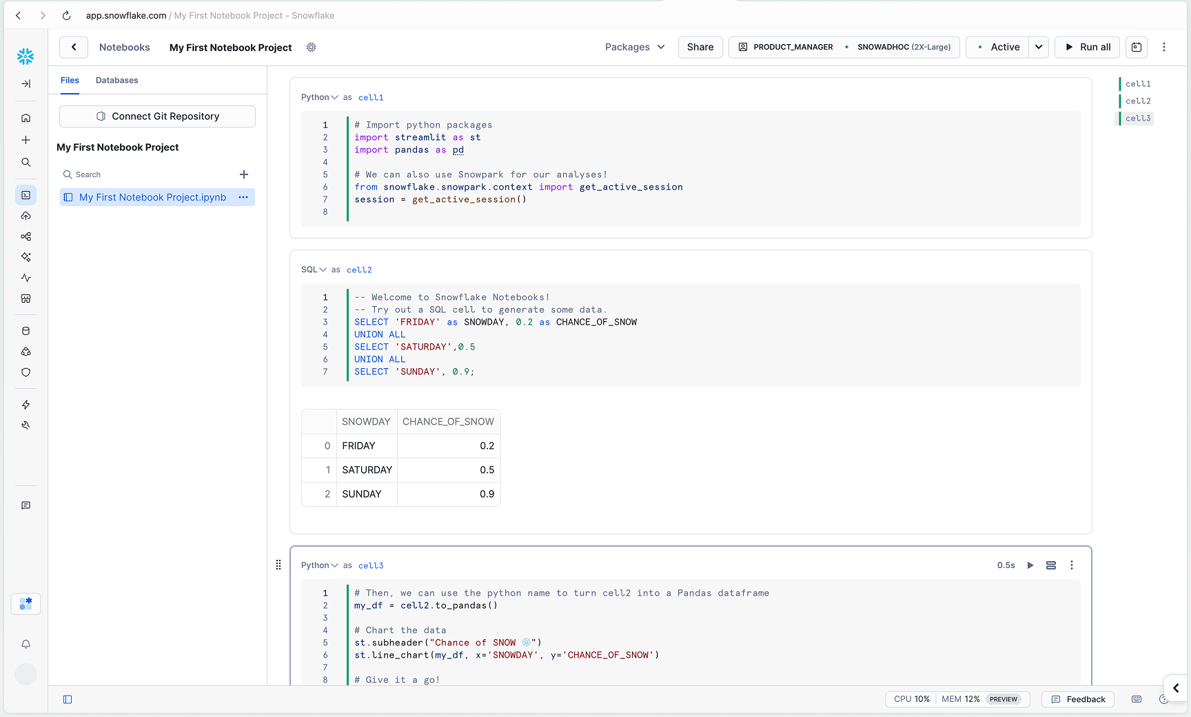 An example notebook in the Snowsight UI