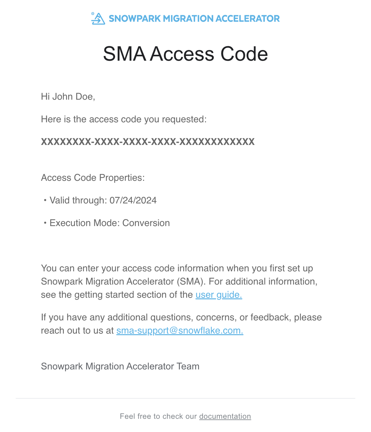 E-mail du code d'accès SMA