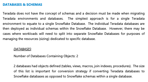 La section Bases de données et schémas du rapport d'évaluation de Teradata