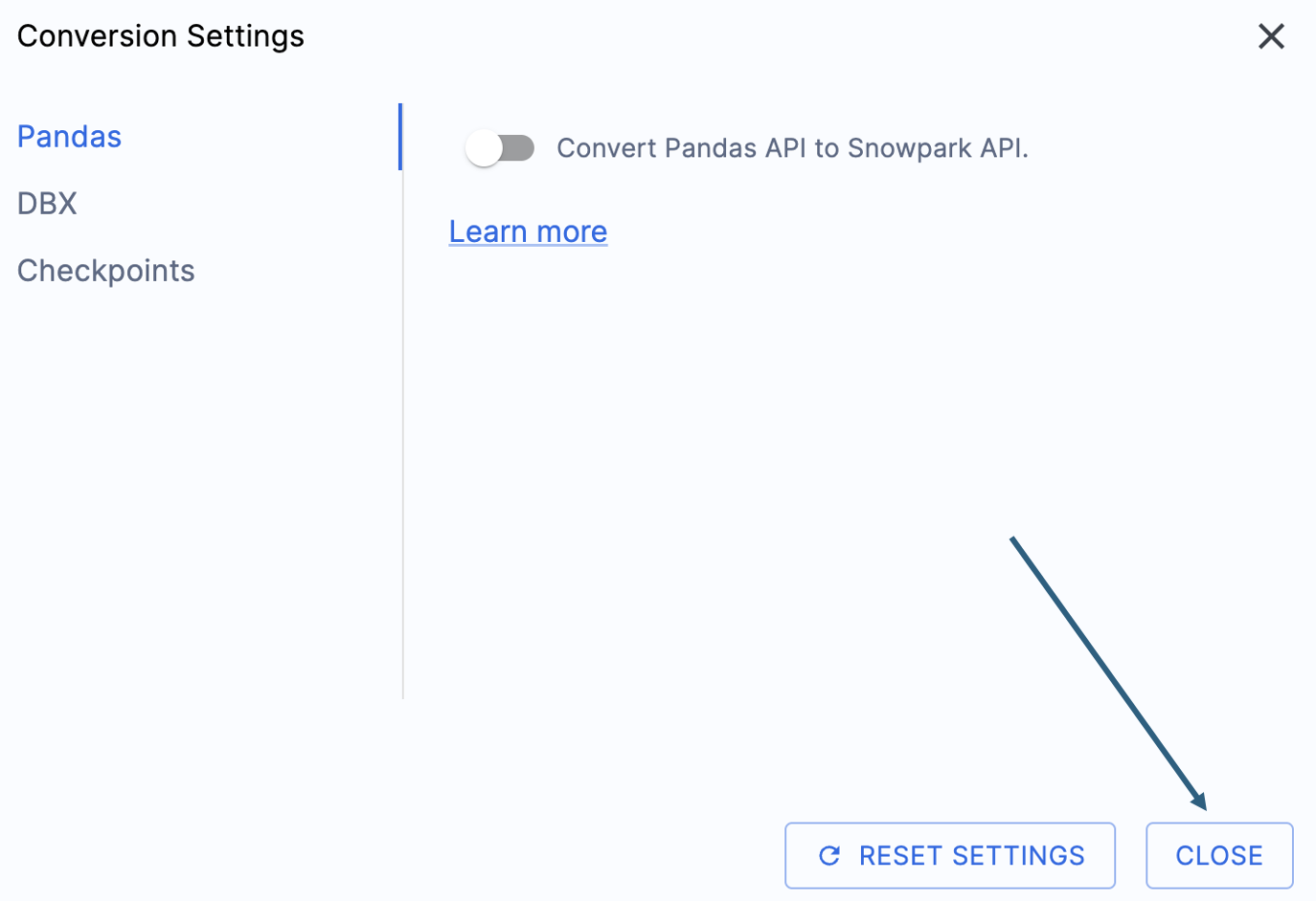Close conversion settings