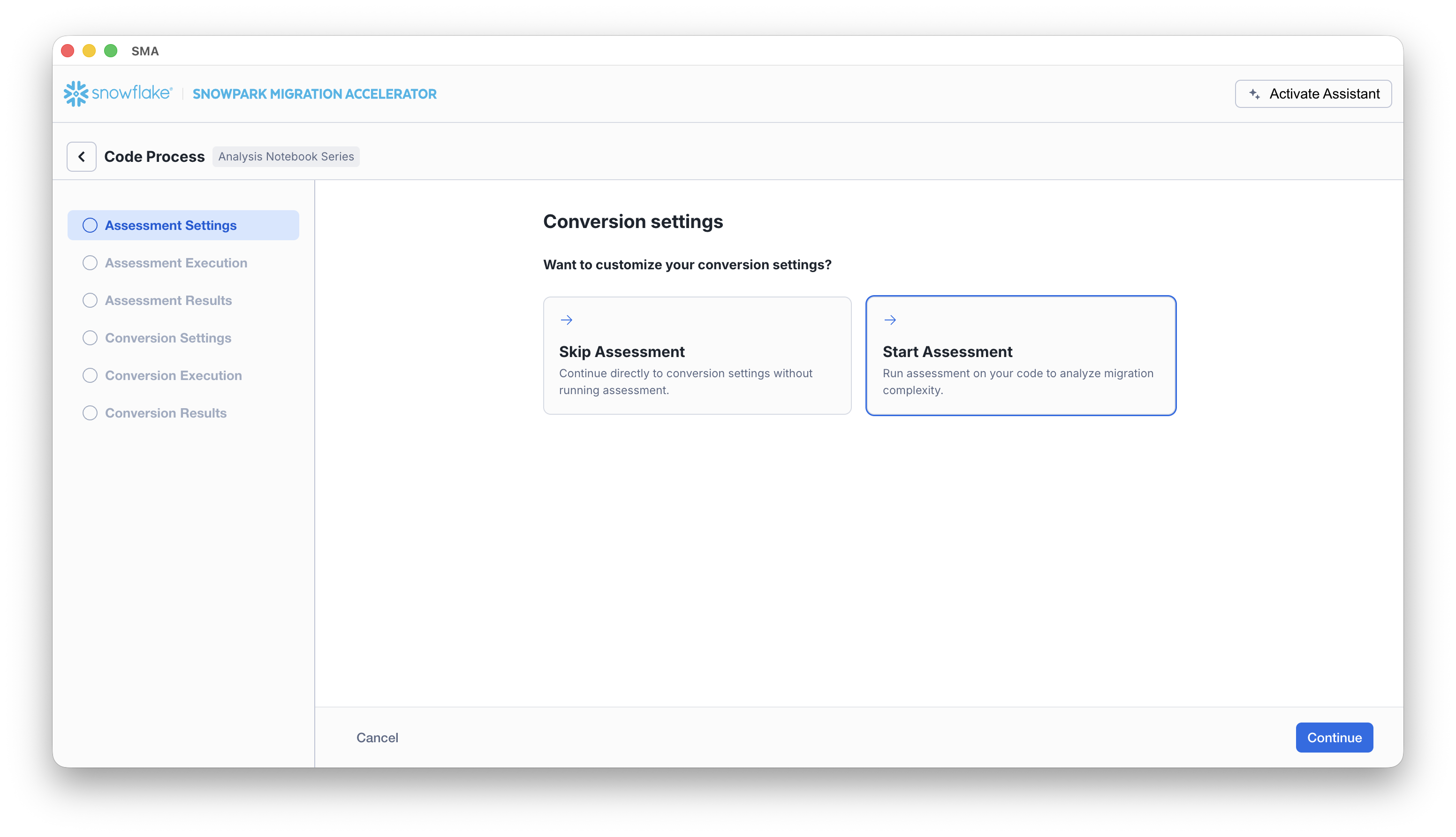 Code Process Conversion Settings Start Assessment