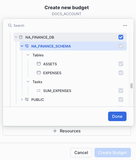 Capture d'écran de la sélection des ressources du budget personnalisé