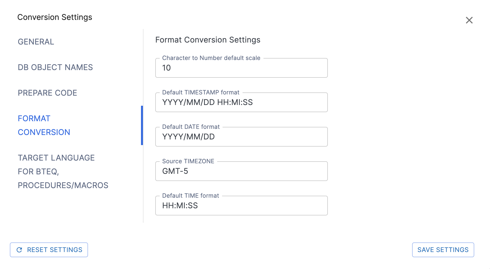Page des paramètres de conversion du format