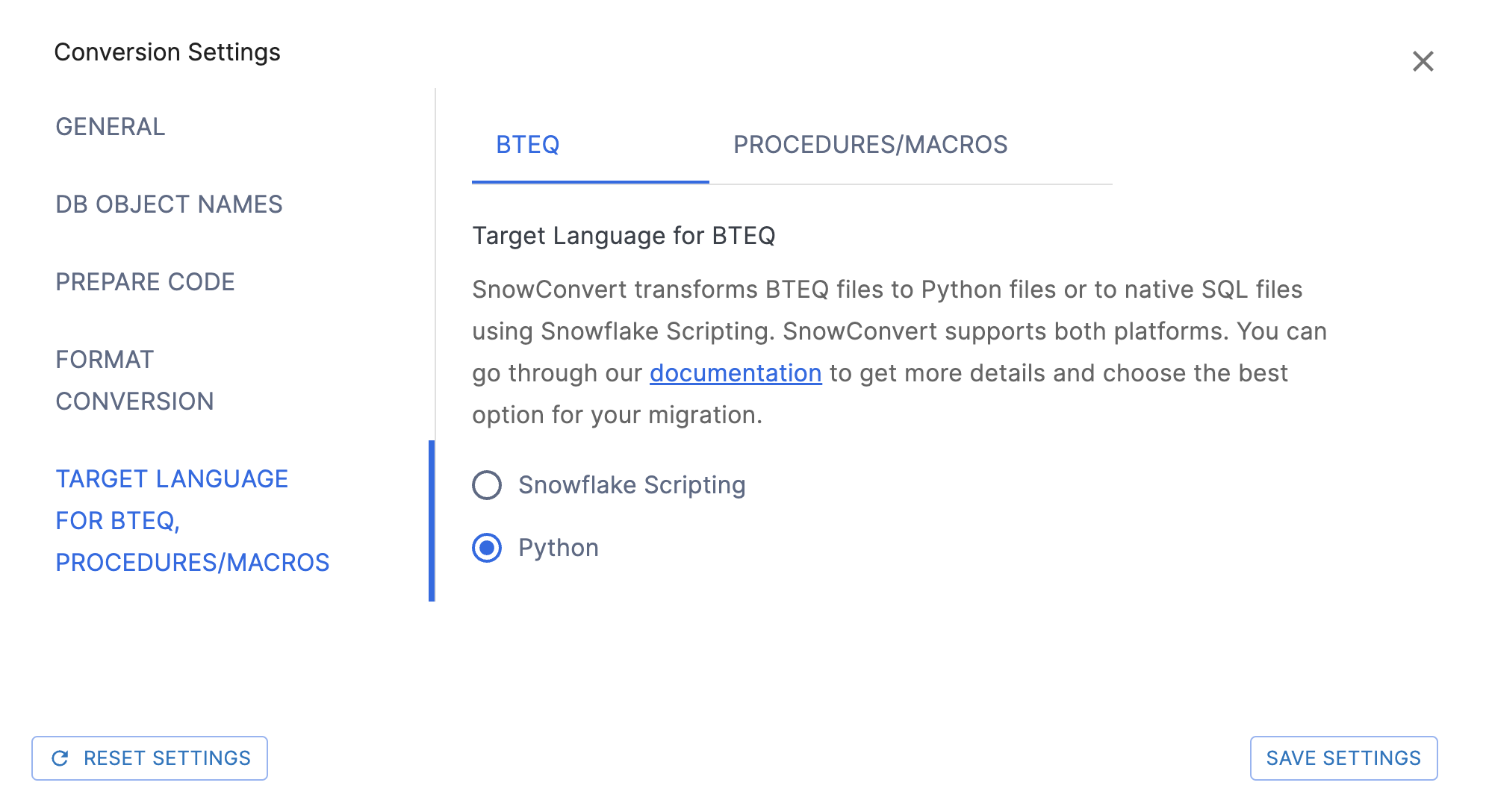 Page des paramètres des langues cibles BTEQ