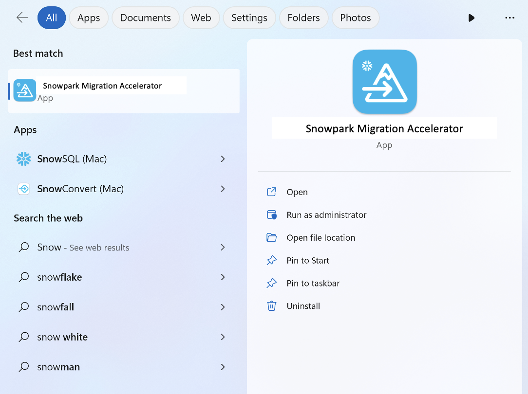 SMA dans le menu de l'application Windows