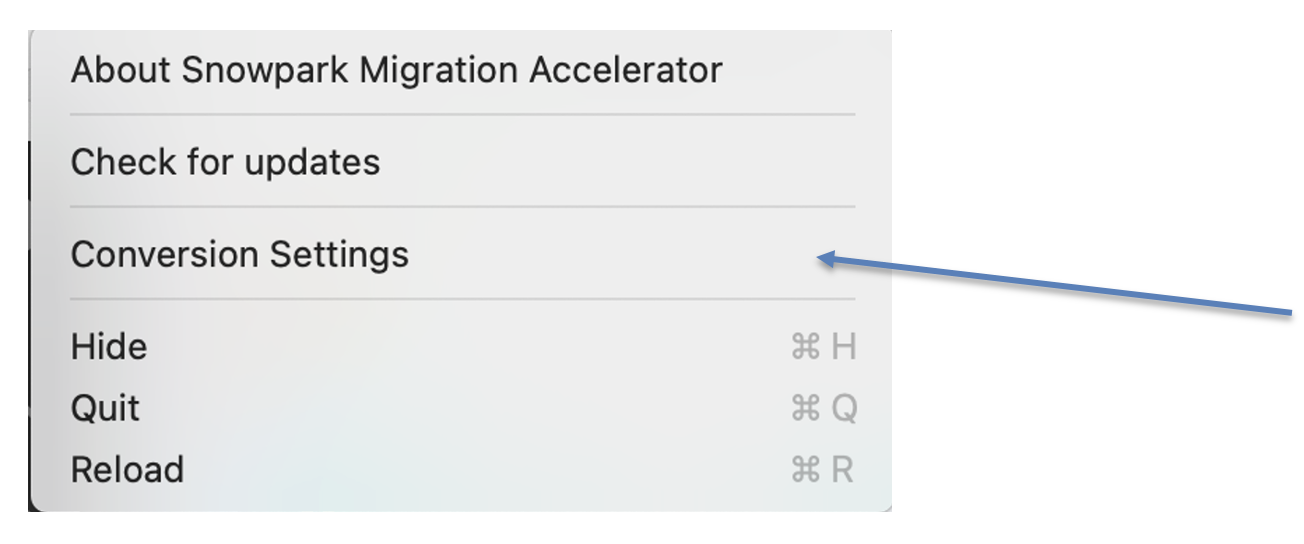 Option de la barre de menu pour les paramètres de conversion