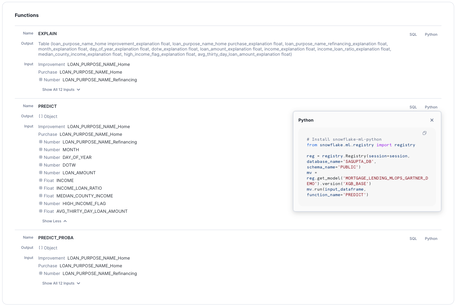 Une page de détails sur la version du modèle, affichant le code permettant d'appeler la fonction du modèle