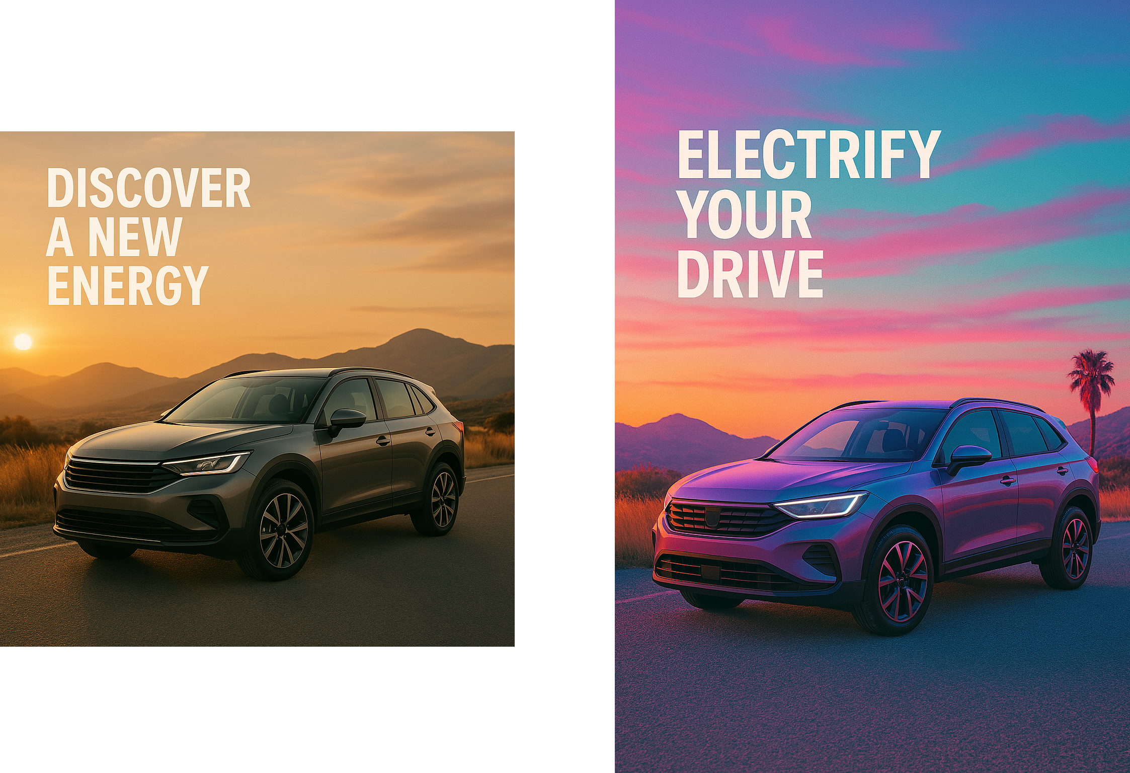 Images de deux publicités pour des voitures électriques