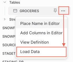 In the databases object explorer, navigate to a table and select More options and choose Load Data from the list.
