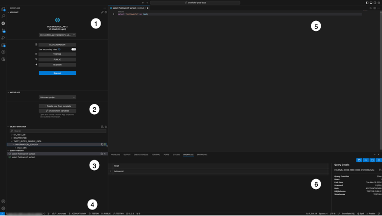 Aperçu de l'extension Snowflake VS Code montrant ses principales zones : le volet latéral, le volet SQL et le volet des résultats de la requête.
