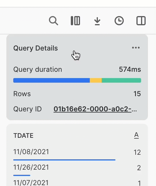 Gif of clicking the query details visible with your query results, expanding the details to show end time, scanned, role, and warehouse details for the query.