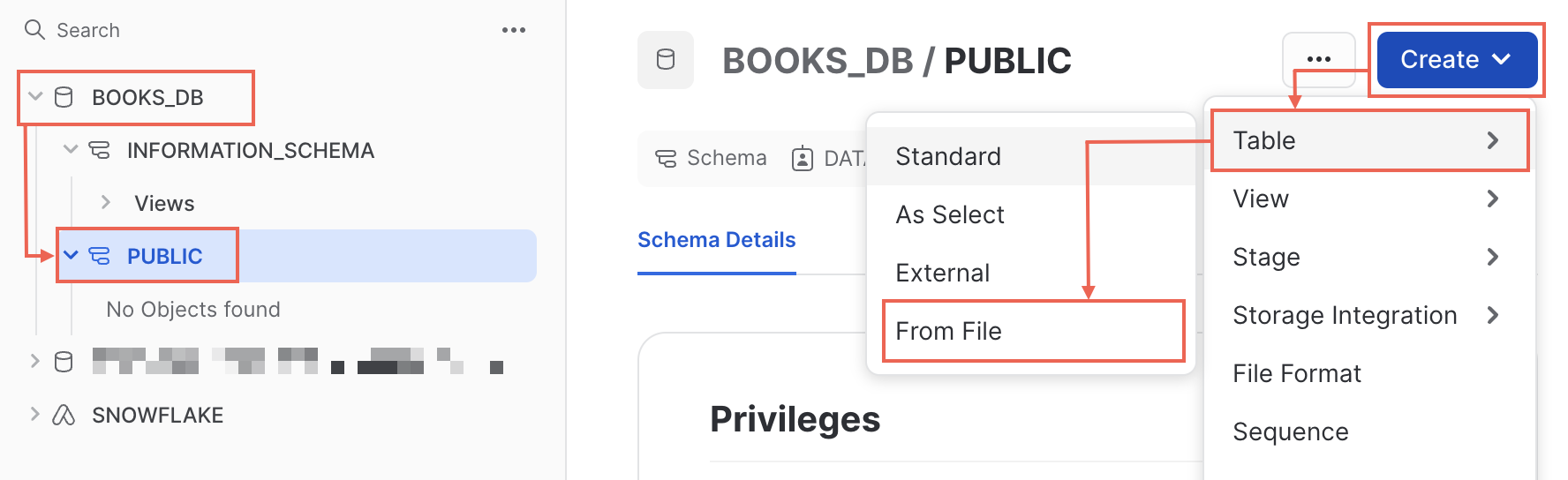 Select Data > Databases and then locate the schema to which you want to add a file. Select Create > Table > From File to load data from a file into a new table.