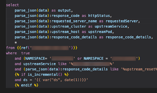 構文の強調表示とブラケットオートコンプリートを示す、Jinjaテンプレートを使用したSnowflake SQL ステートメントのコードスニペット。
