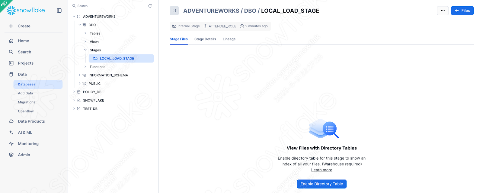 Stage located in schema