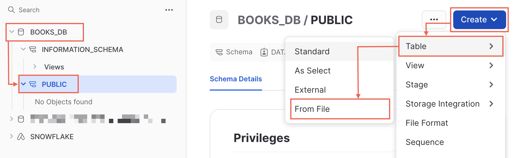 Data > Databases를 선택한 다음 파일을 추가하려는 스키마를 찾습니다. 파일에서 새 테이블로 데이터를 로드하려면 Create > Table > From File을 선택합니다.