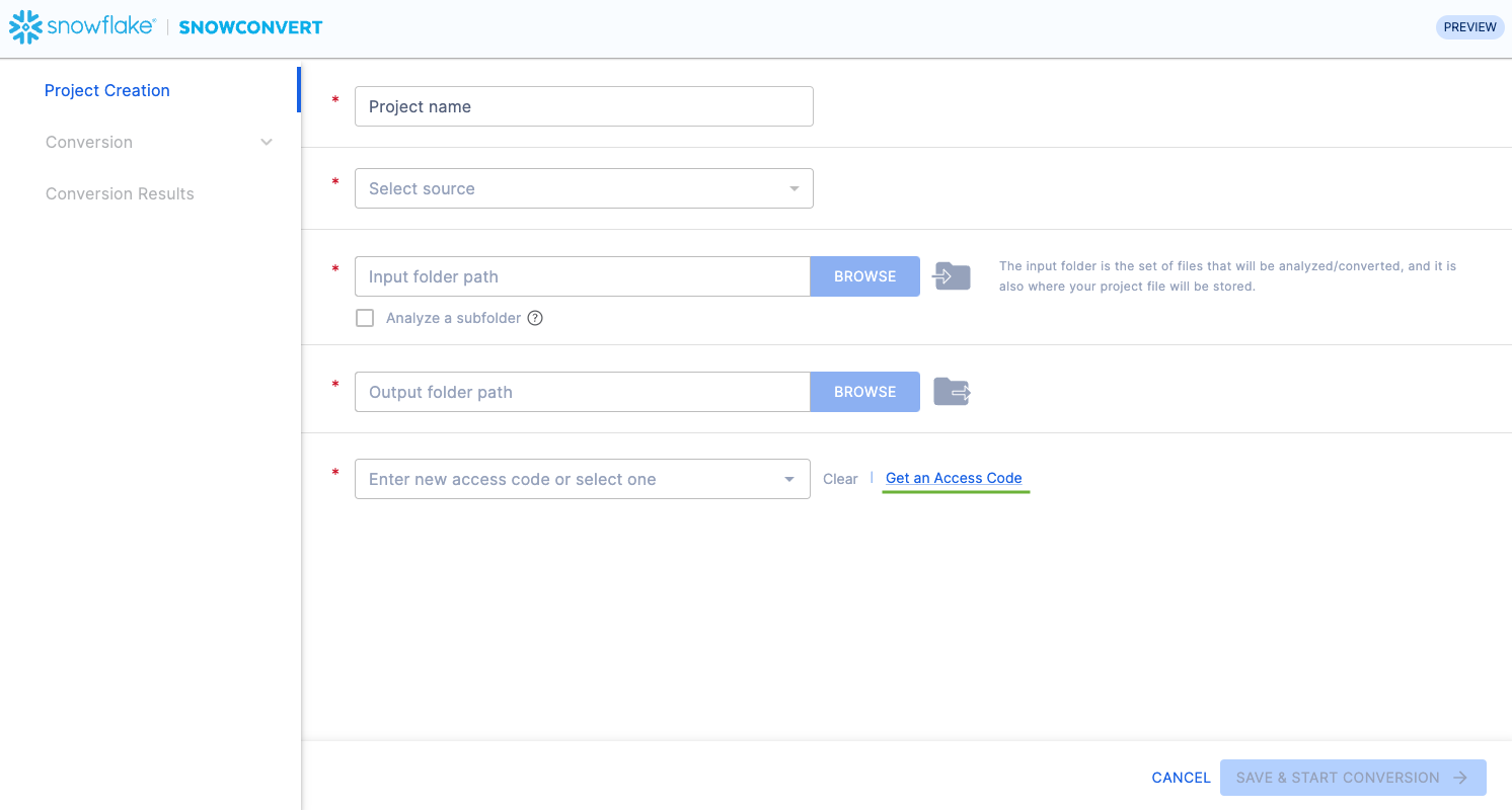 Link to get an access code in SnowConvert AI