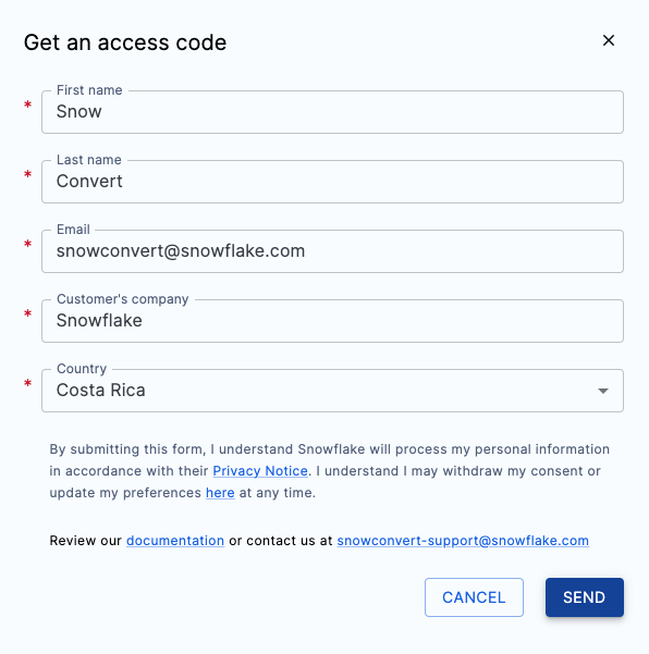 Form to get an access code in SnowConvert AI
