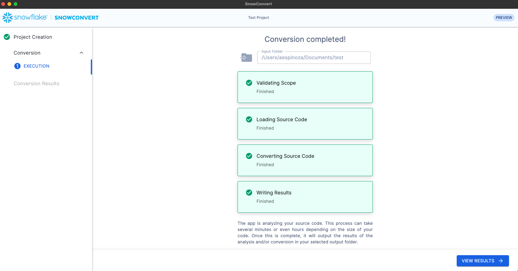 Progress screen of SnowConvert AI