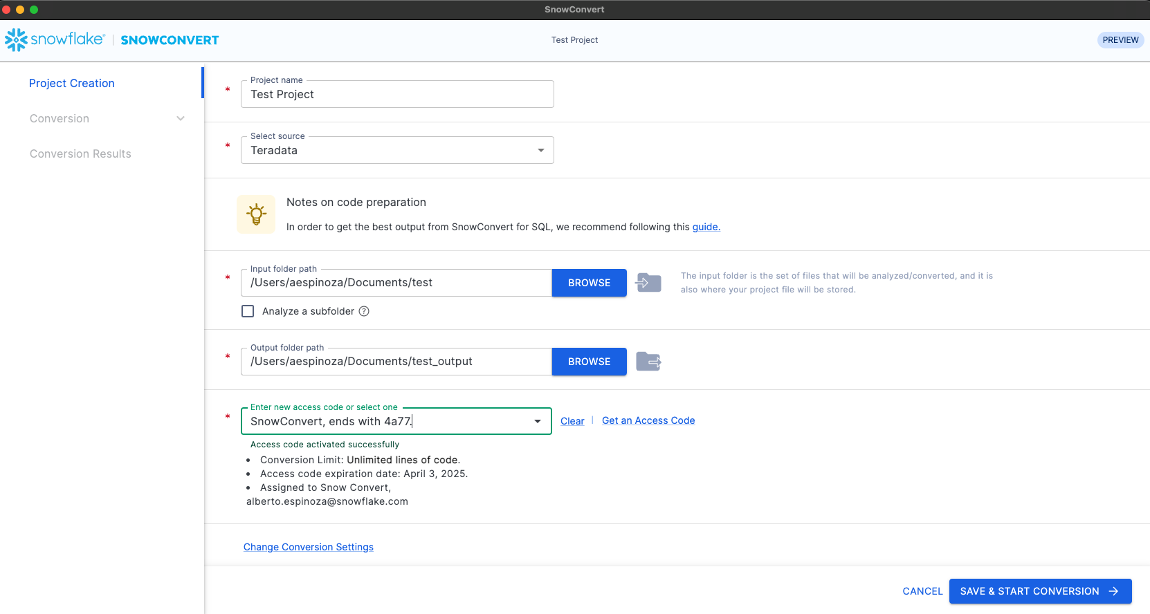 Project Creation page in SnowConvert AI