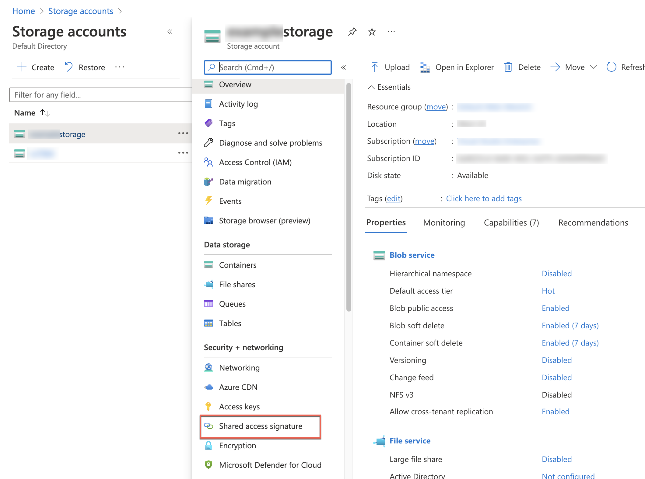 Storage Account Details in Azure Storage Console