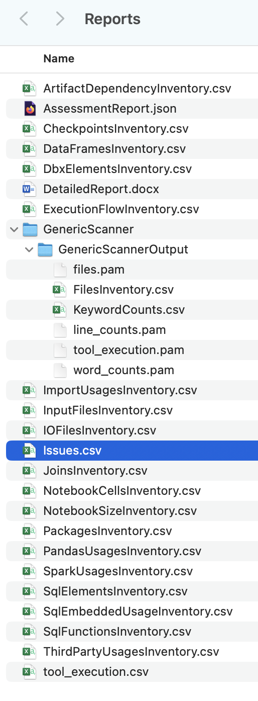 Generated reports list