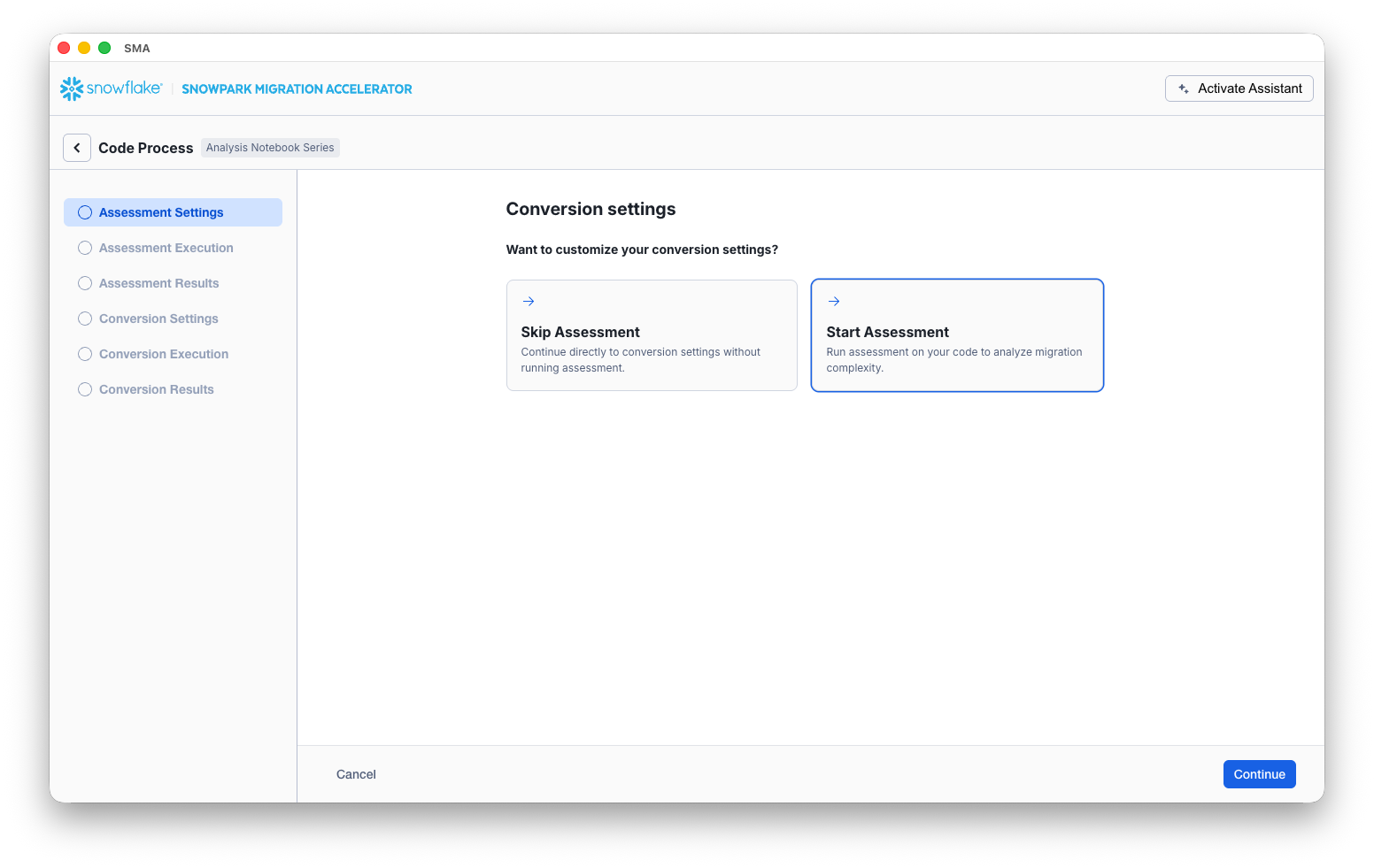 Start Assessment and Continue