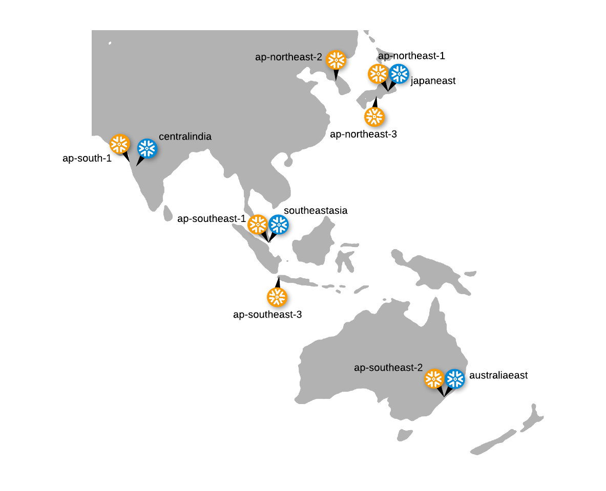 Asia Pacific cloud regions supported by Snowflake