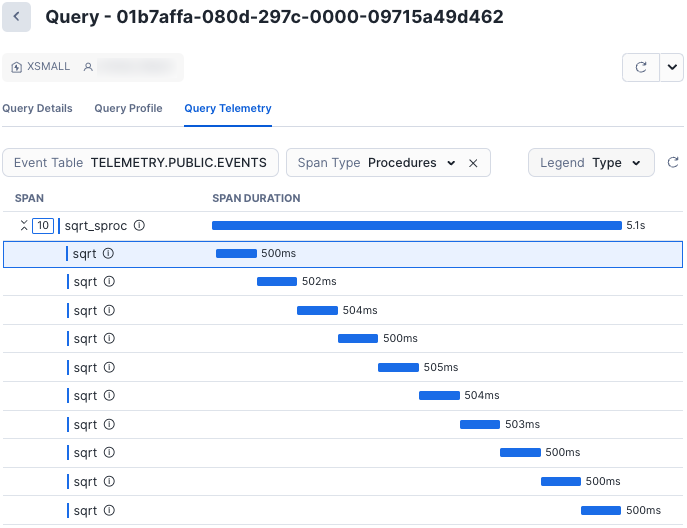 Captura de tela da guia Telemetria de consulta da página Query History Histórico de consulta mostrando um span para uma chamada a um procedimento.
