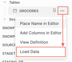 No explorador de objetos do banco de dados, navegue até uma tabela e selecione Mais opções e escolha Carregar dados na lista.