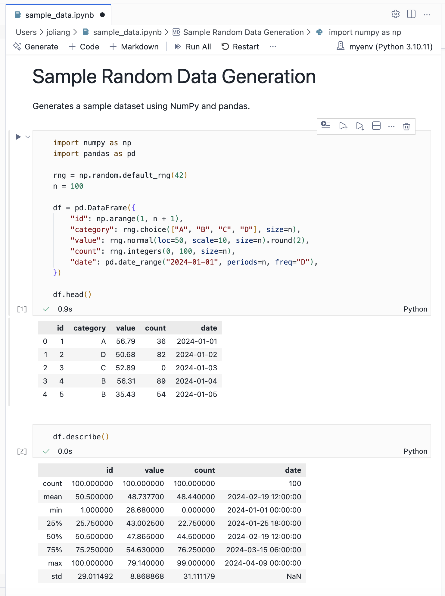 A Jupyter notebook with executed cells showing df.head() and df.describe() output