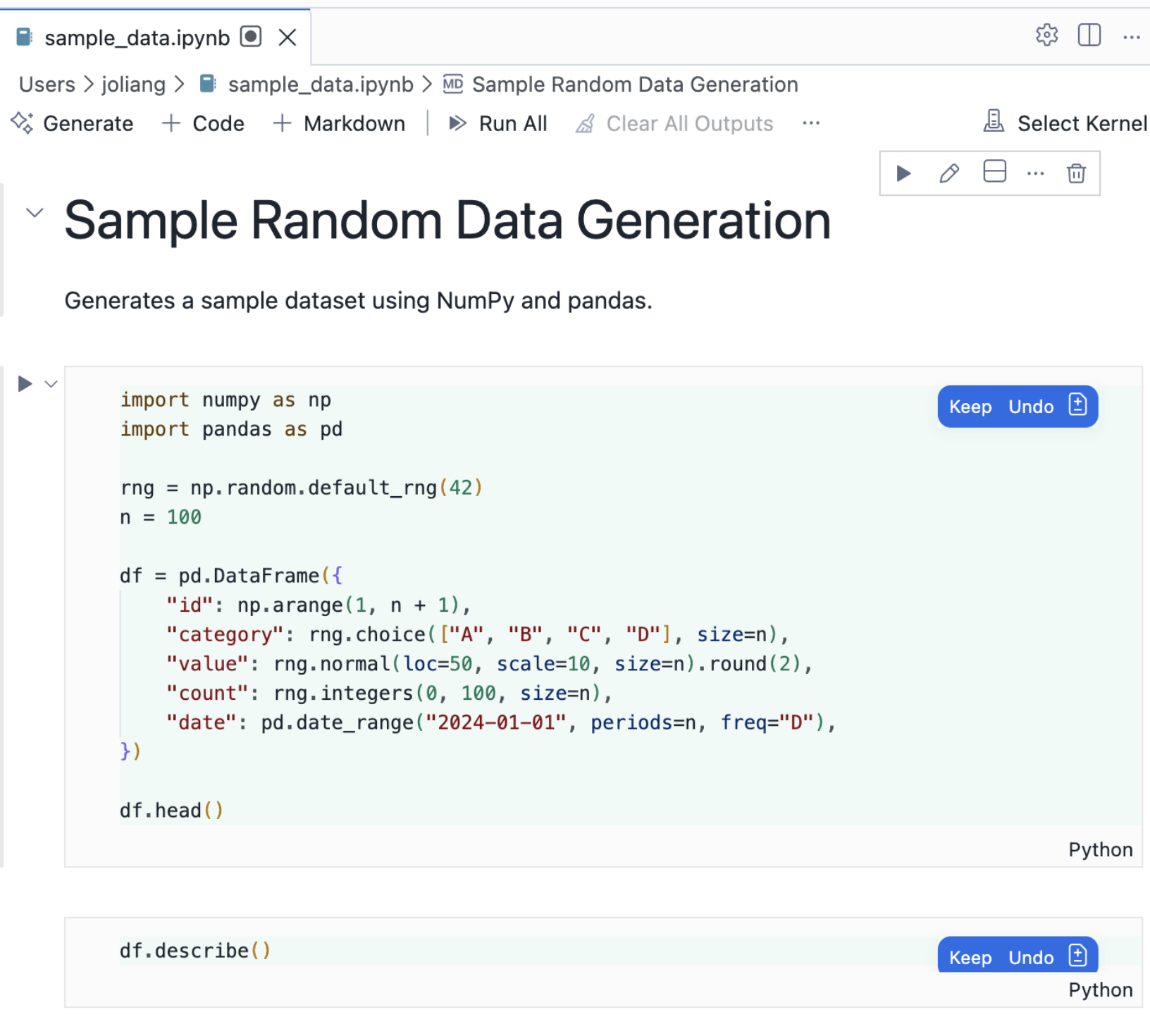 A Jupyter notebook open in Cortex Code Desktop showing agent-generated Python cells with inline Keep / Undo controls