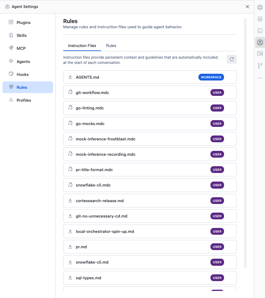 Instruction Files panel in Agent Settings showing workspace and user-scoped instruction files