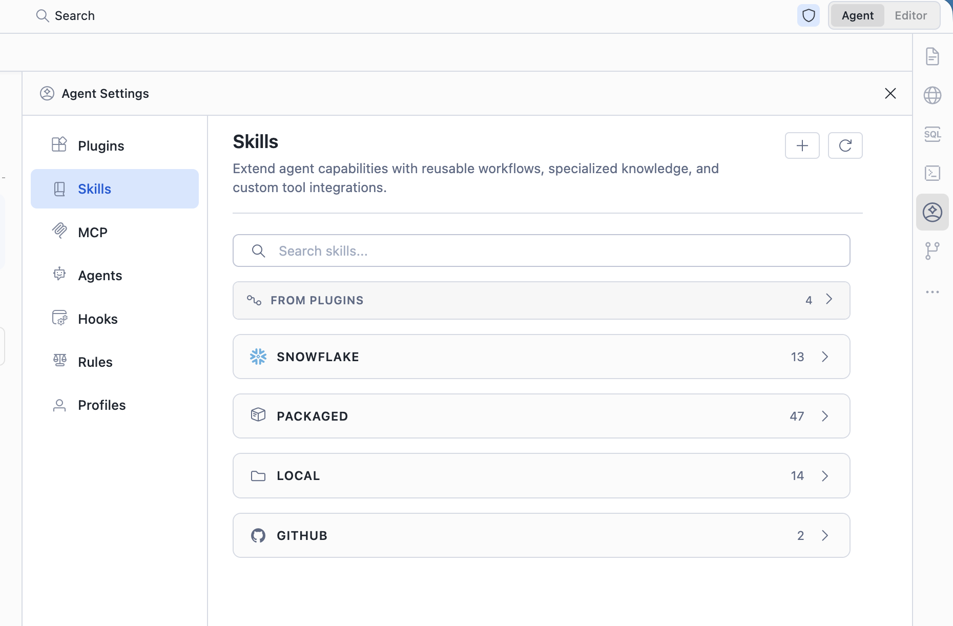 Agent Settings panel with the Skills category selected, showing collapsible source sections and a search box