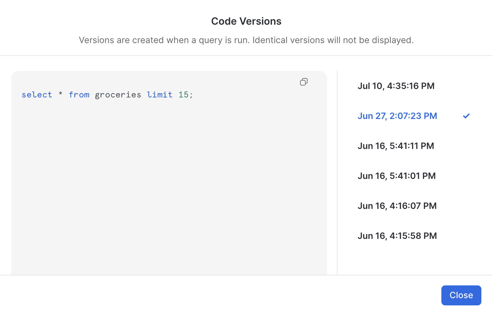 Dialog that appears after selecting the Code Versions button for a worksheet, showing the SQL that was run for a selected version with the full list of available versions shown.