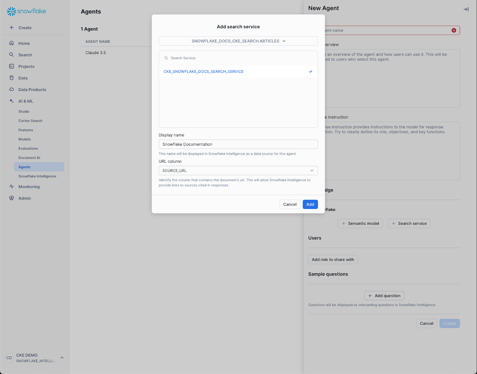 A screenshot how to add a search service to an agent.