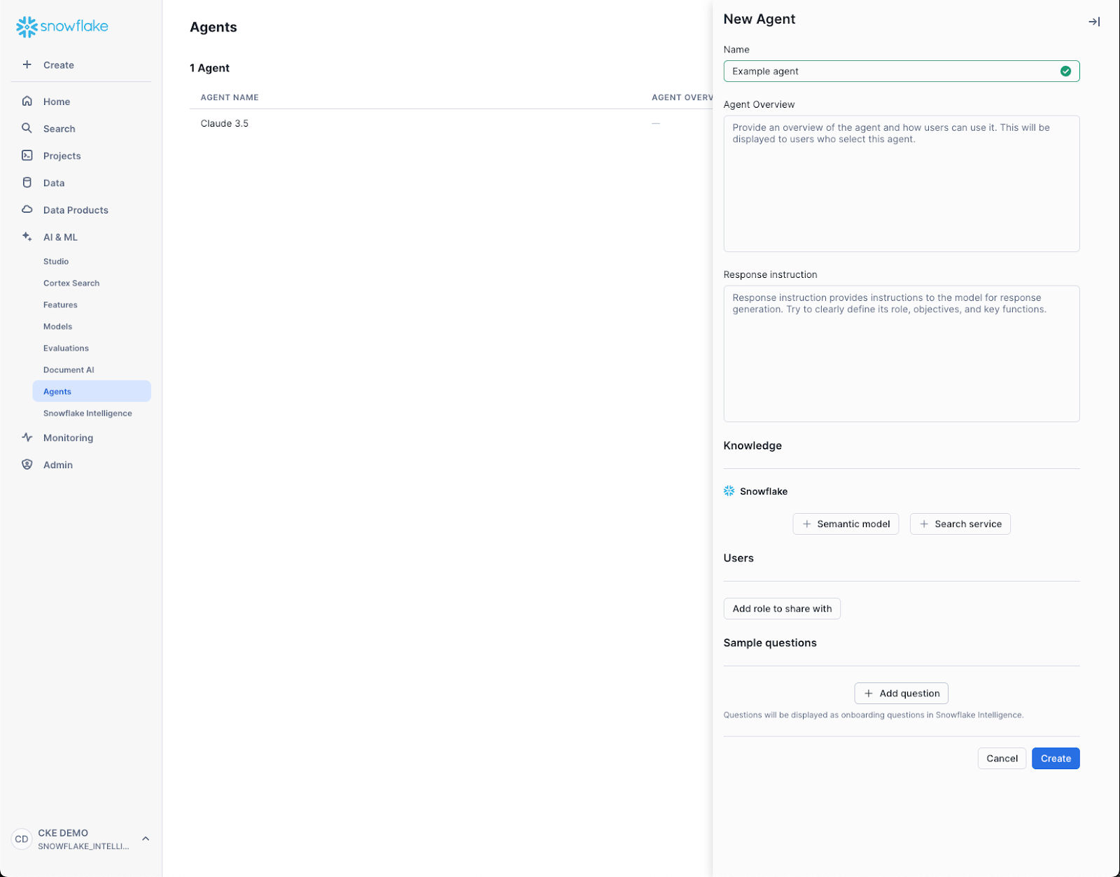 A screenshot the Create Agent page in Snowsight.