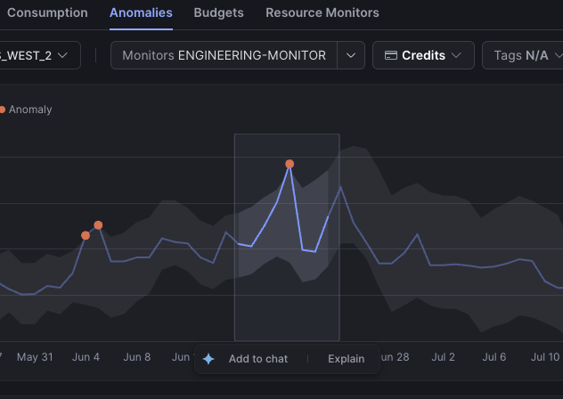 The consumption chart on the Anomalies tab with a highlighted region containing an anomaly, and the Add to chat and Explain quick actions below the chart