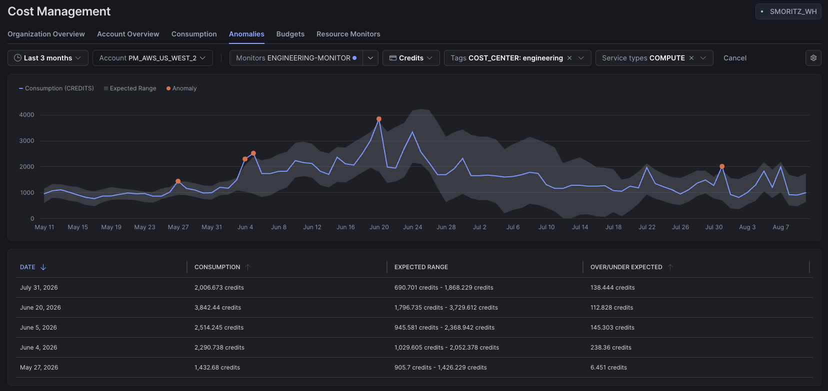 The Anomalies tab with the Monitors, credit family, Tags, and Service types filters in the filter row, above the consumption chart and the anomaly results table