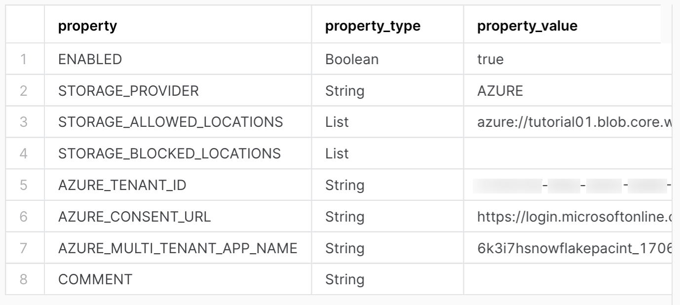 Output of DESCRIBE INTEGRATION command, with the following columns: property, property_type, property_value, property_default.