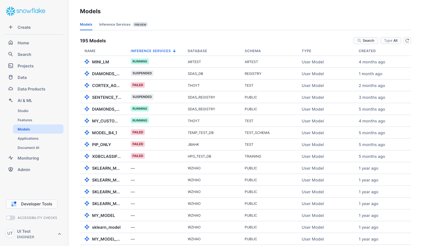 The Models page, displaying a list of the available machine learning models