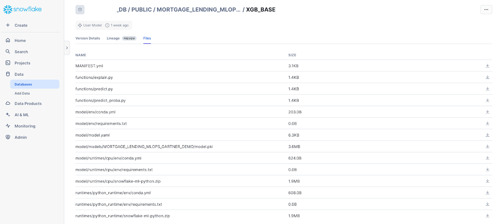 The Files tab of the model versions details page, displaying a list of the artifacts in the model