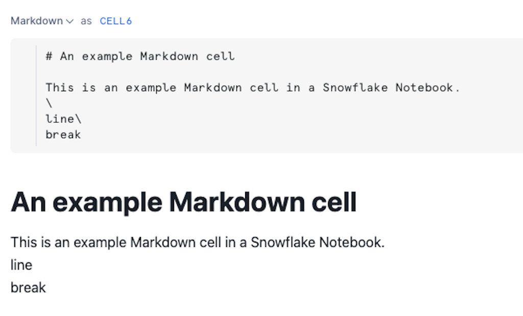 Screenshot of a Markdown cell showing Markdown text with an H1 header indicated with a # and a header of An example Markdown cell
followed by body text of This is an example Markdown cell in a Snowflake Notebook. Below the raw Markdown content, the rendered
Markdown appears with a different font.