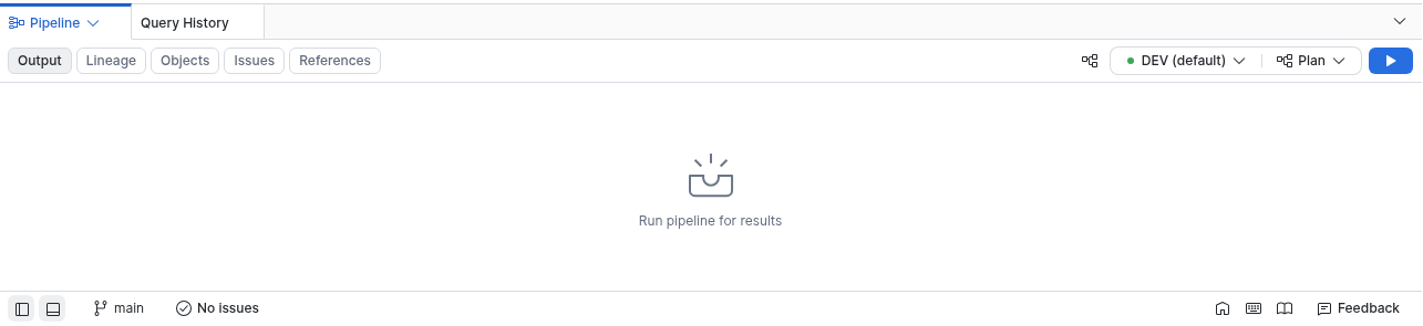The workspace bottom pane open on a pipeline's tab, showing the target menu, the operation menu, and the play icon