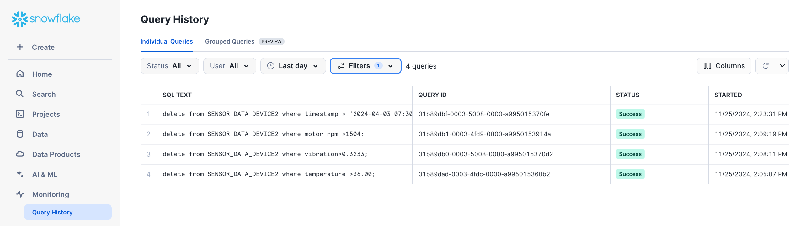 Query History filtered by SQL Text to show a series of four DELETE operations.
