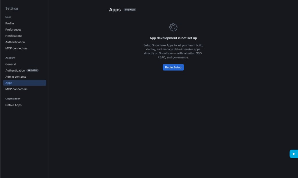 Snowsight Account Apps settings before setup, showing the Begin Setup button