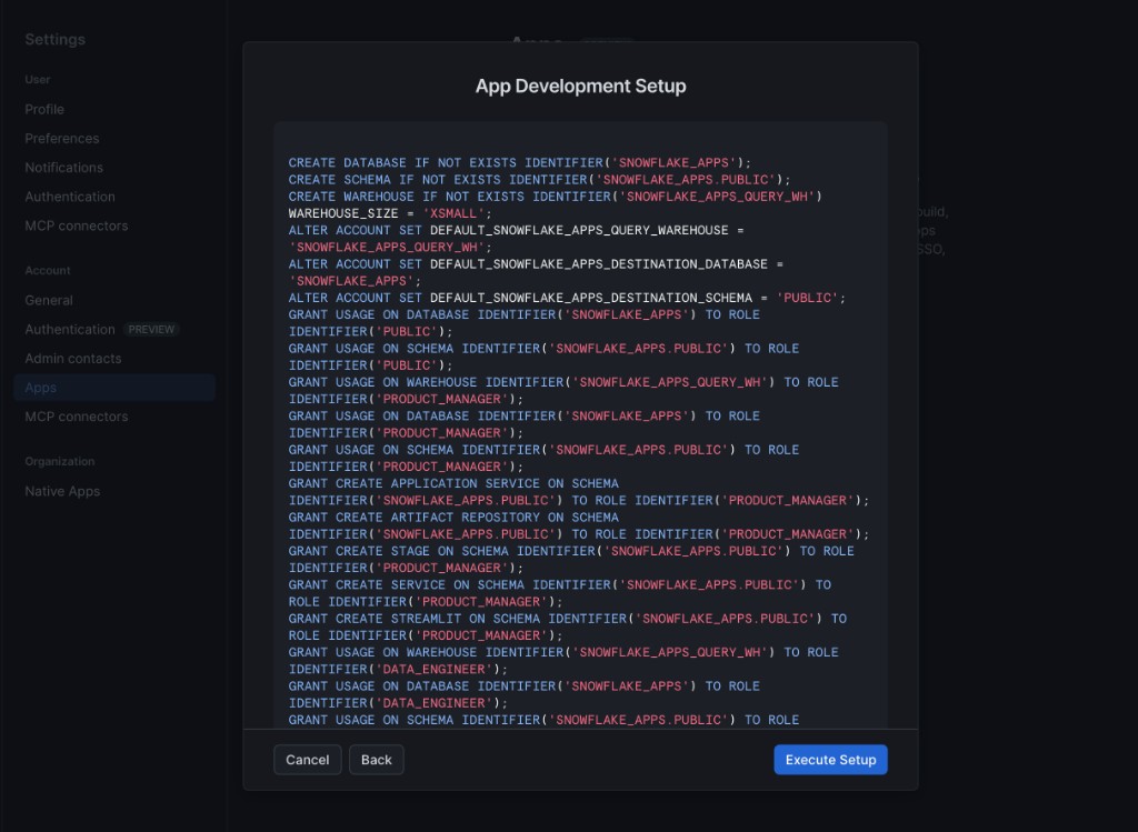 Preview SQL dialog showing CREATE, ALTER ACCOUNT SET, and GRANT statements for App Development Setup