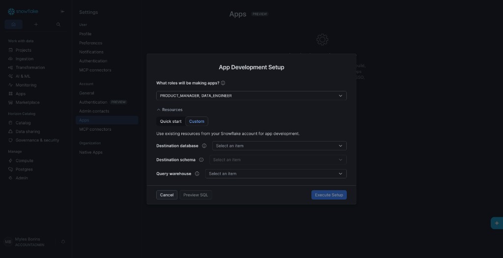App Development Setup with Quick start selected and SNOWFLAKE_APPS, PUBLIC, and SNOWFLAKE_APPS_QUERY_WH filled in